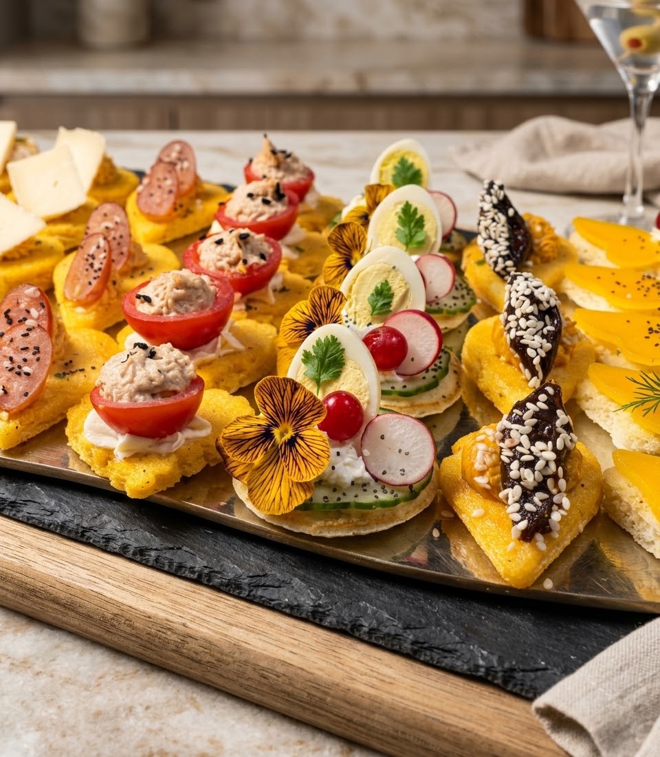 Assortiment de bouchées salées et fleurs comestibles, NONO Évents