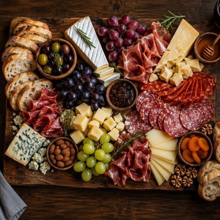 Plateau gourmand de charcuterie, fromages et fruits