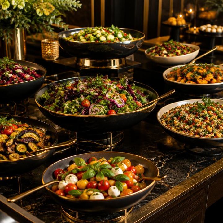 Salades fraîches et plats colorés sur un buffet traiteur