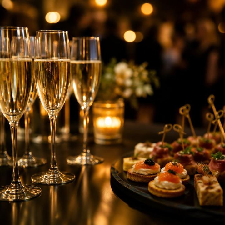 Coupes de champagne et pièces cocktail lors d'une soirée