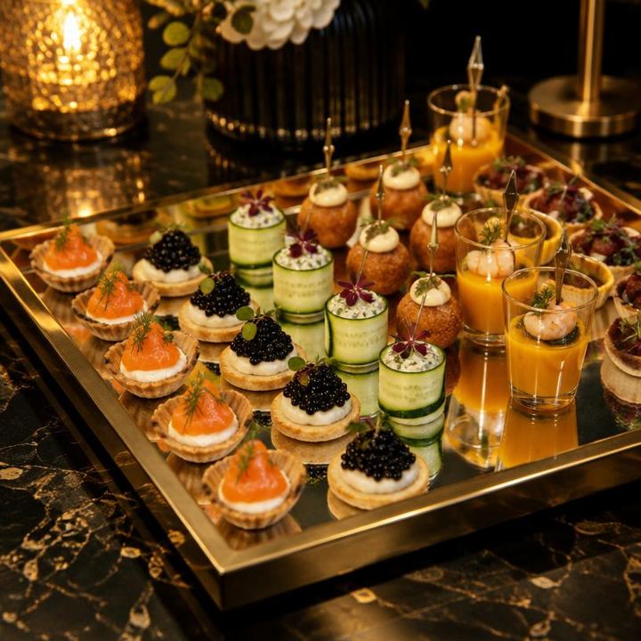 Plateau doré d'amuse-bouches et canapés pour une réception