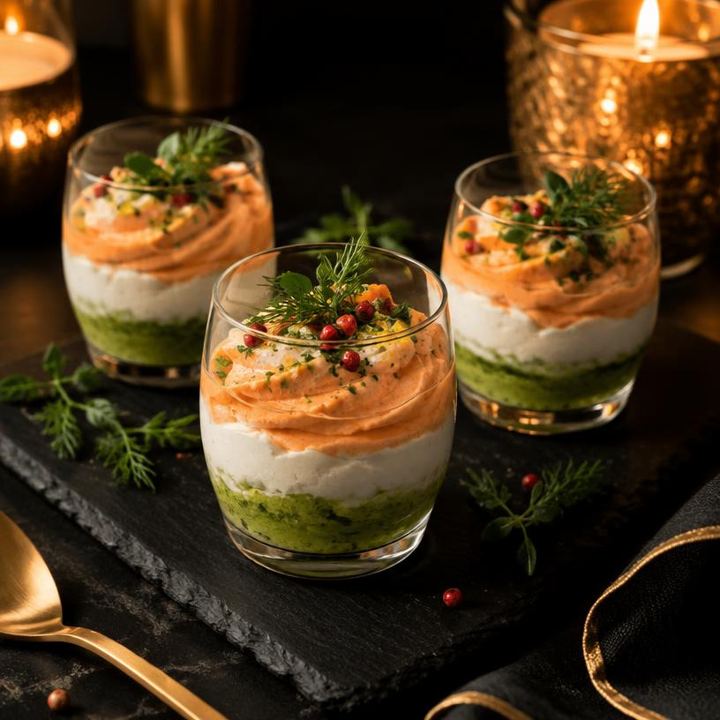 Verrines salées présentées sur une ardoise noire lors d'un cocktail
