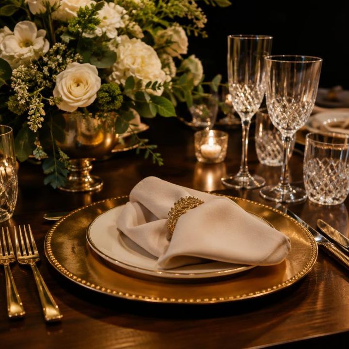 Art de la table avec assiette de présentation dorée et verres en cristal