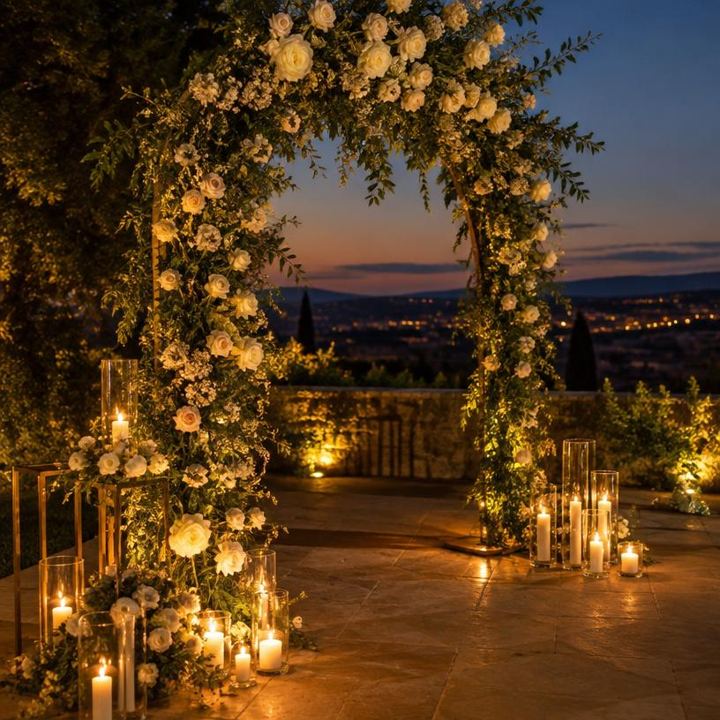 Arche florale et bougies pour une cérémonie en soirée