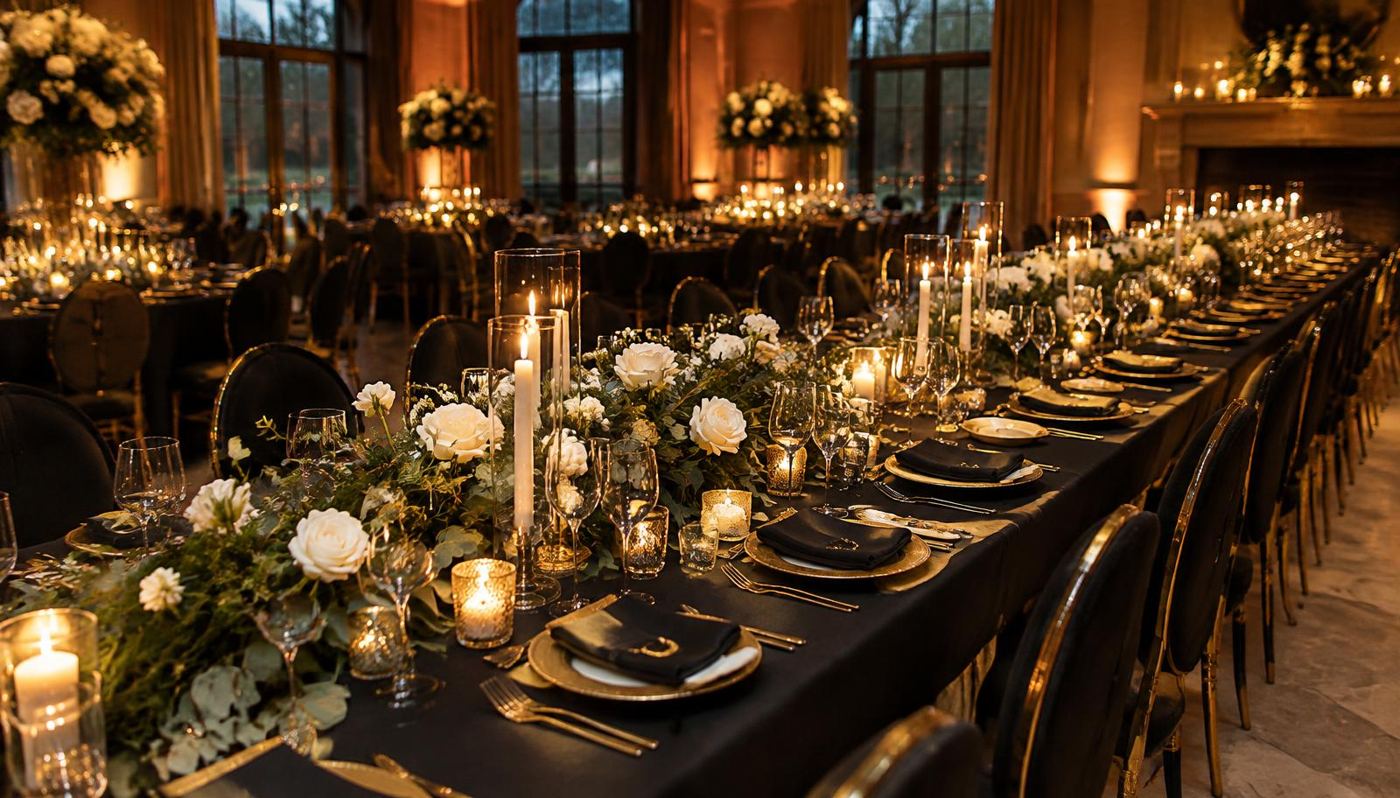 Salle d'événement décorée en noir et or avec longues tables dressées et bougies
