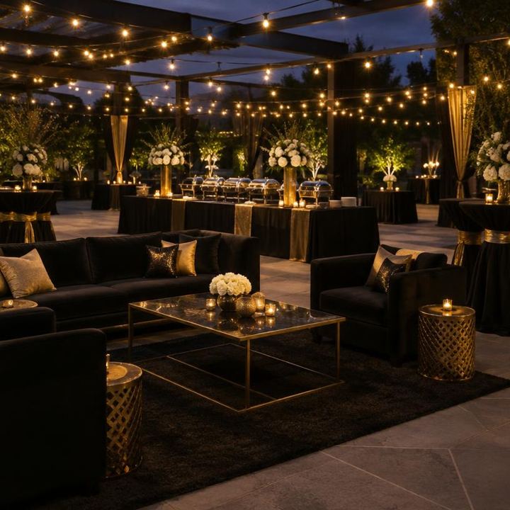 Mise en scène d'un espace événementiel noir et or avec salon lounge