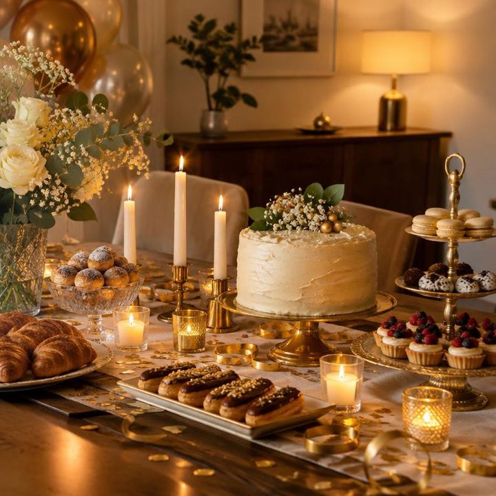 Table d'anniversaire avec gâteau, bougies et pâtisseries