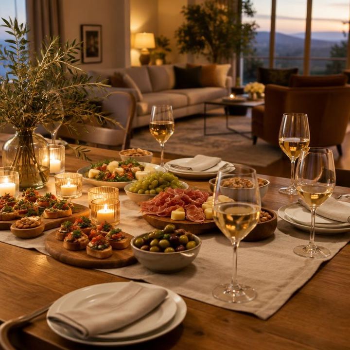 Réception à domicile avec plateaux apéritifs et verres de vin