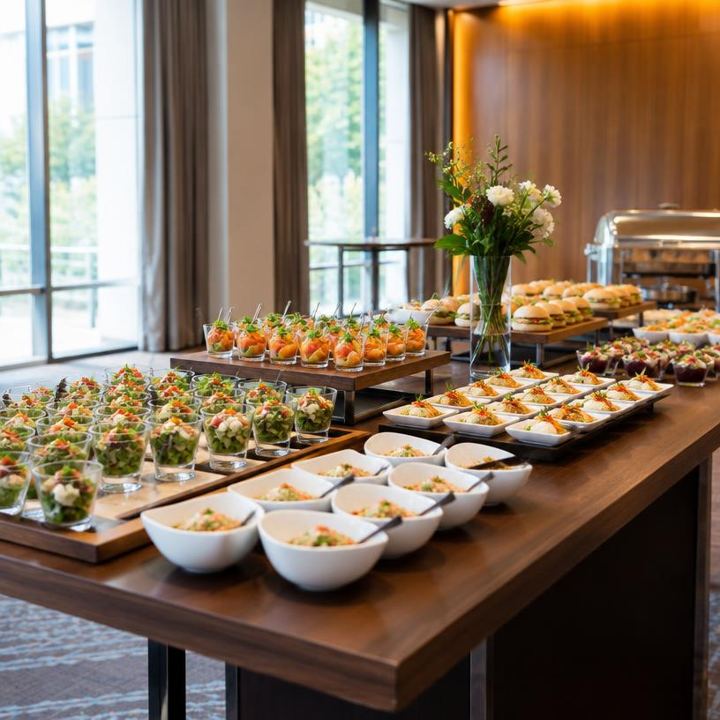 Buffet de séminaire d'entreprise avec verrines et plats individuels