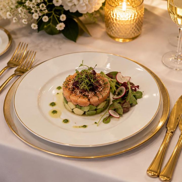 Entrée dressée à l'assiette sur une table de mariage