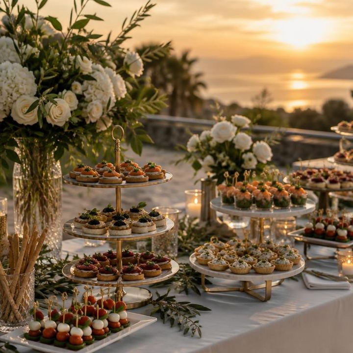 Buffet de vin d'honneur de mariage avec présentoirs à étages