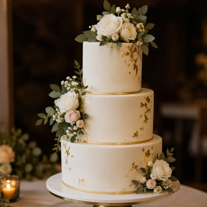 Pièce montée de mariage blanche et dorée ornée de roses